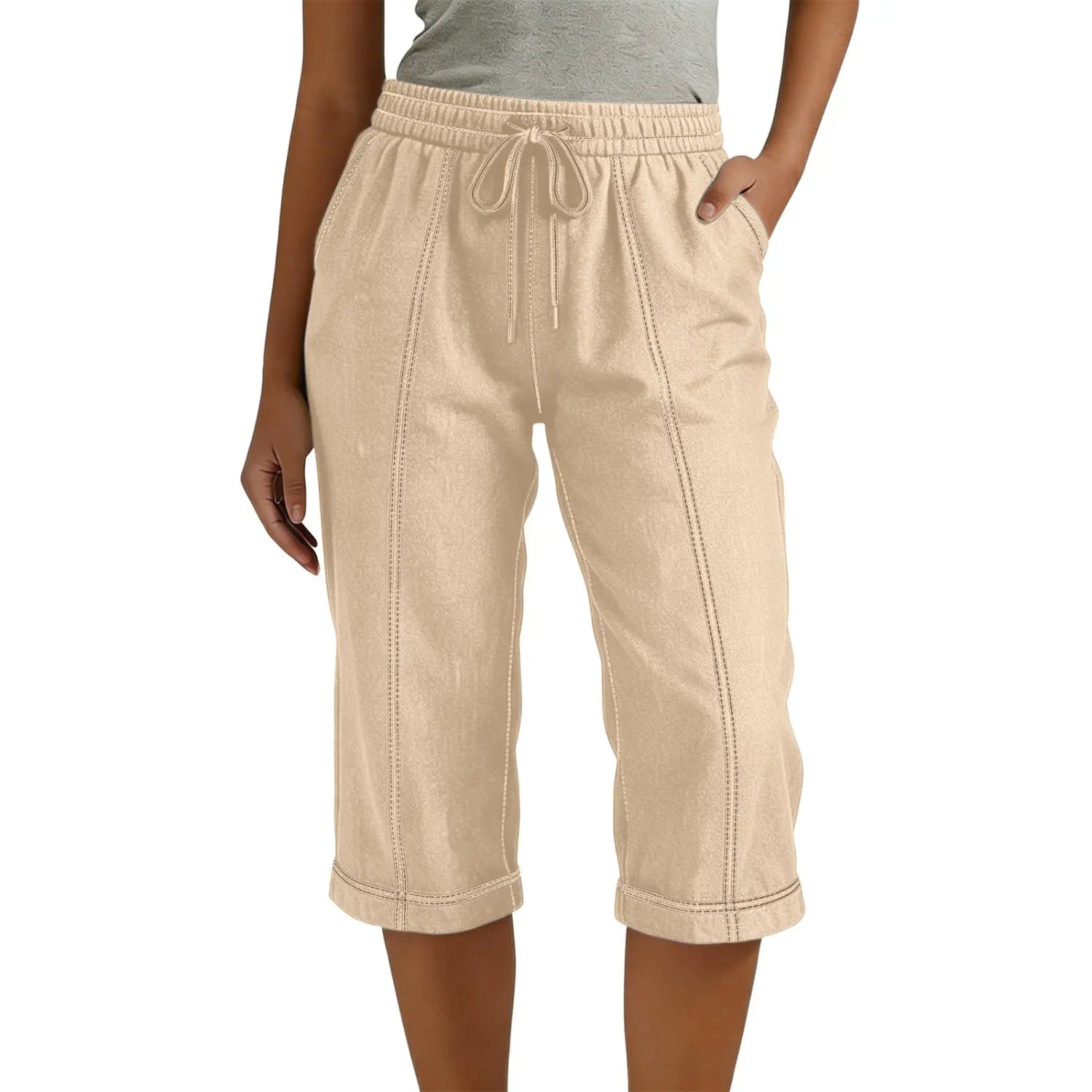 Beige Capri-Hose mit Kordelzug, lockere, lässige Passform für Damen, mit elastischem Bund und dezenten vertikalen Ziernähten entlang der Seiten