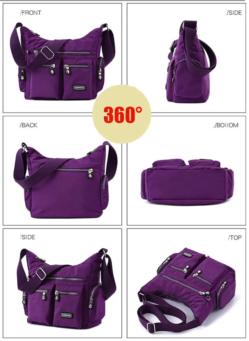 Purple waterproof nylon crossbody shoulder bag with multiple zippered compartments and detachable shoulder strap.