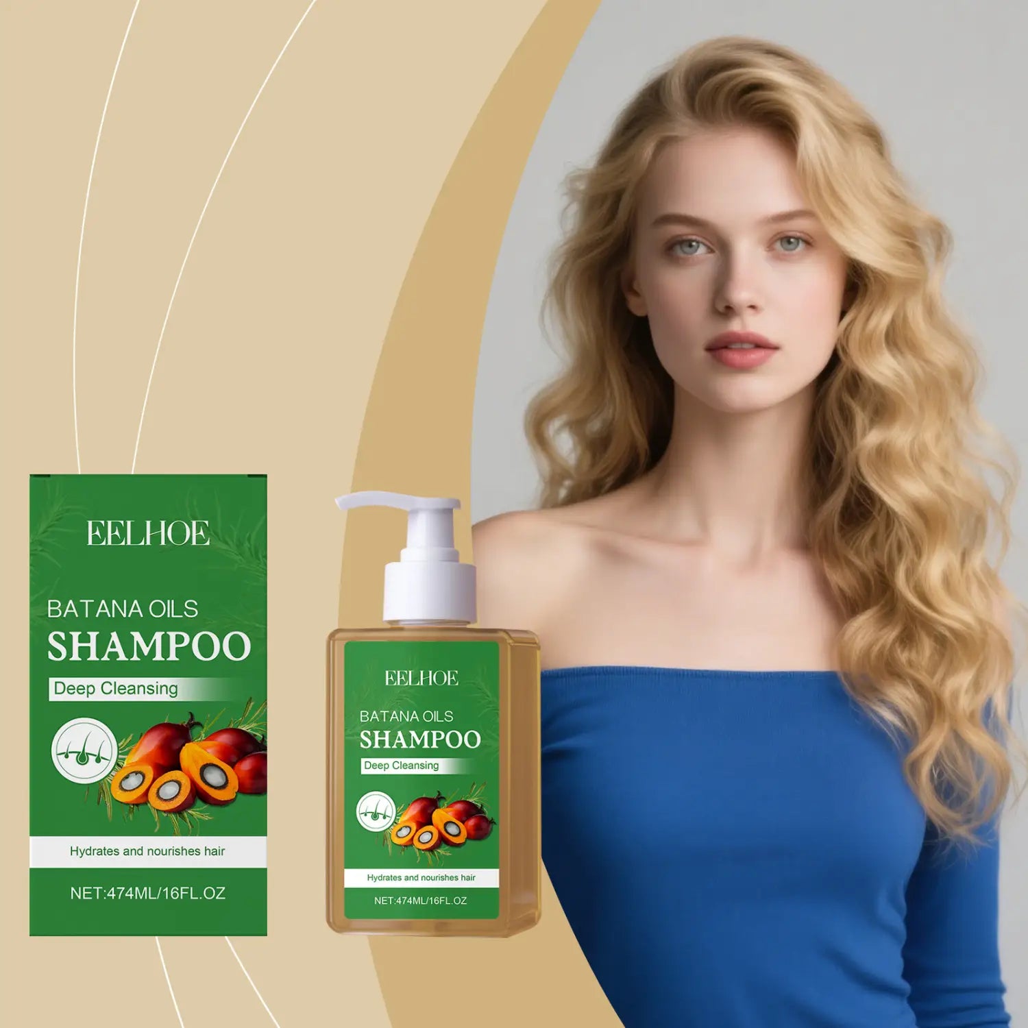Grüne und bernsteinfarbene Flaschen mit Batana-Öl-Shampoo für blondes und welliges Haar mit weißen Pump-Spendern, die jeweils 55 ml enthalten.