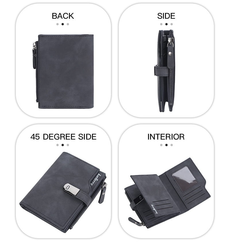 Black leather women’s short faux leather multi slot wallet with zipper closure and metallic clasp.