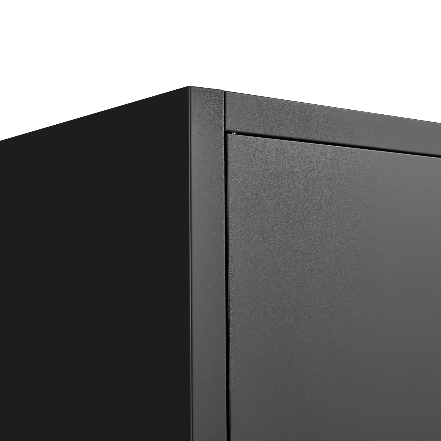 black matte finished corner of a 70 inch steel locking file cabinet with four shelves showcasing a clean minimalist metal design