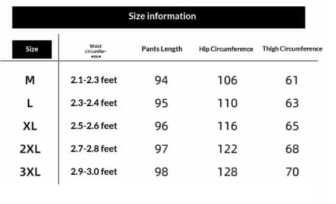 Size information chart in inches for men’s tapered cargo joggers with elastic waist and pockets showing measurements from medium to 3XL.