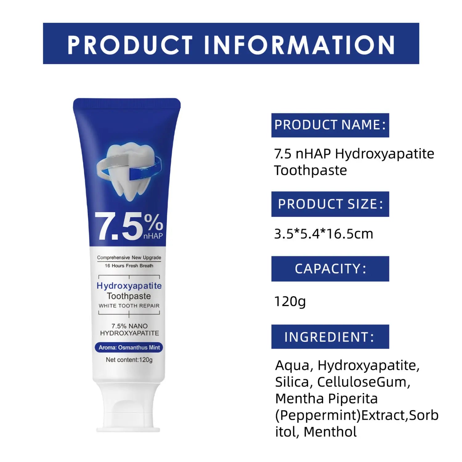 blue and white tube of 7.5% nhap hydroxyapatite toothpaste with peppermint aroma and a tooth icon on the label in 120g capacity for dental care.