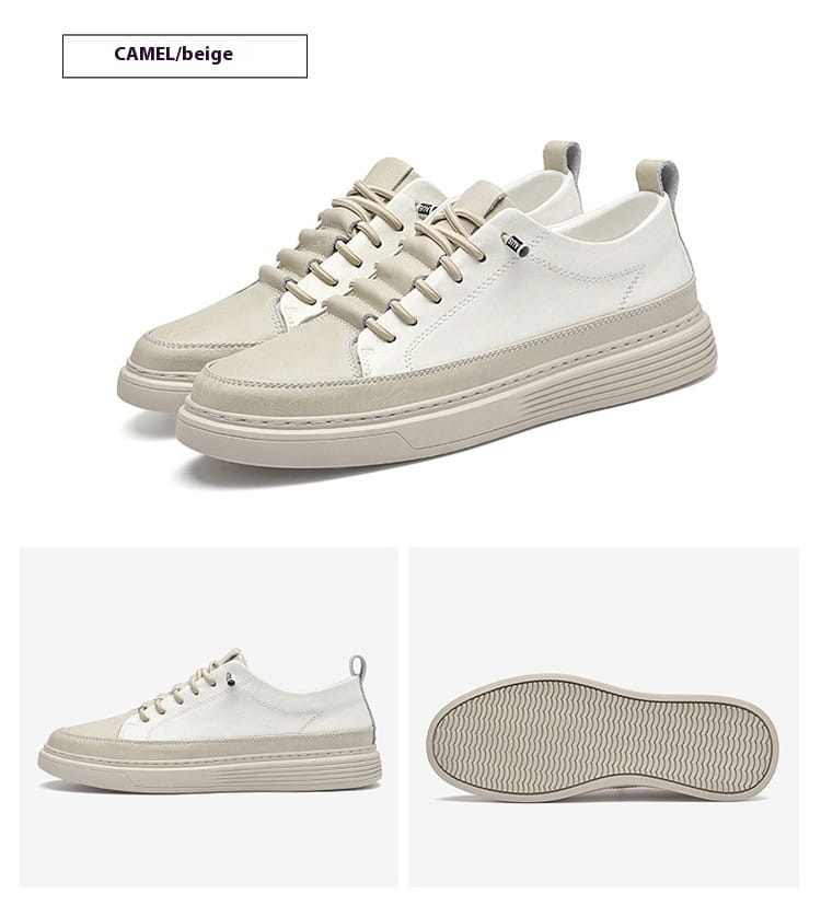 Baskets en cuir pour hommes basses deux tons beige et camel, sans lacets, décontractées à semelle épaisse, avec un design minimaliste épuré.
