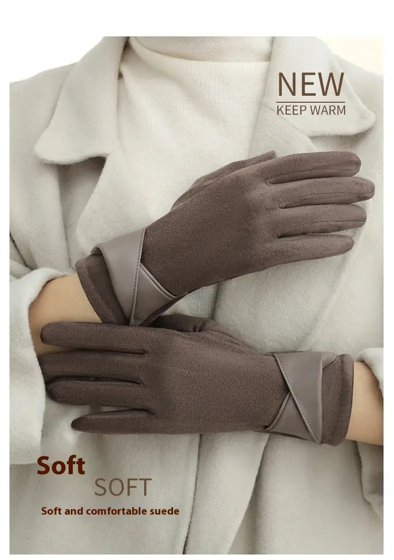 Brown suede touchscreen fleece lined bow gloves featuring a soft comfortable design and a matching wrist strap shown from the back side.