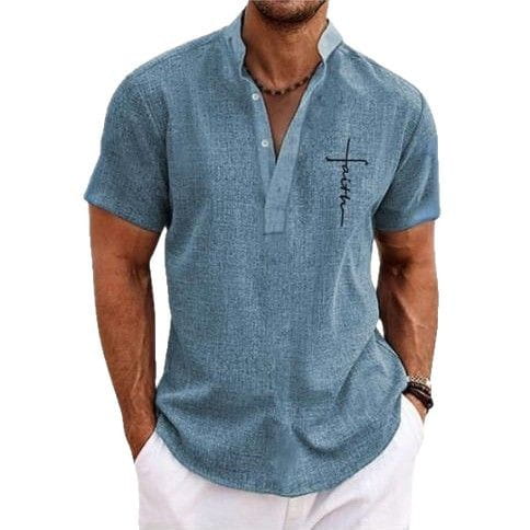 Men embroidered short sleeve polo shirt in blue textured cotton with black cross embroidery on the left chest.