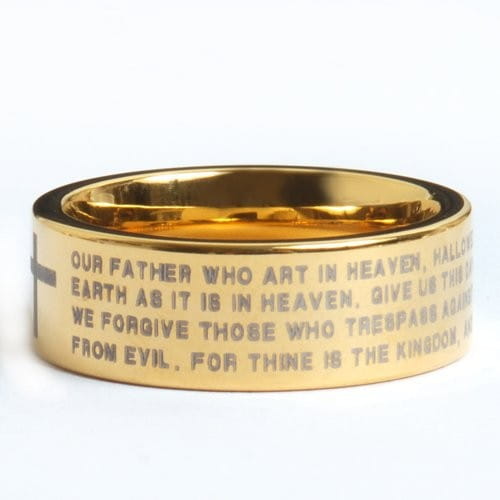 Black tungsten wedding ring with green aluminum 8mm featuring a gold-toned metal band engraved with the Lord’s Prayer.