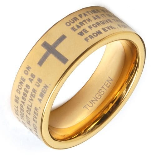 Gold-colored tungsten ring with an engraved cross and the lords prayer on its outer surface contrasting with a black tungsten wedding ring featuring green aluminum accents and an 8mm band.