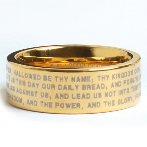 Gold-colored band ring made of black tungsten with green aluminum 8mm featuring engraved text from the lords prayer viewed from the back side.
