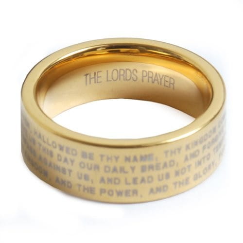 Black tungsten wedding ring with green aluminum 8mm featuring a gold-toned inner band engraved with the lord s prayer in a clean legible font.