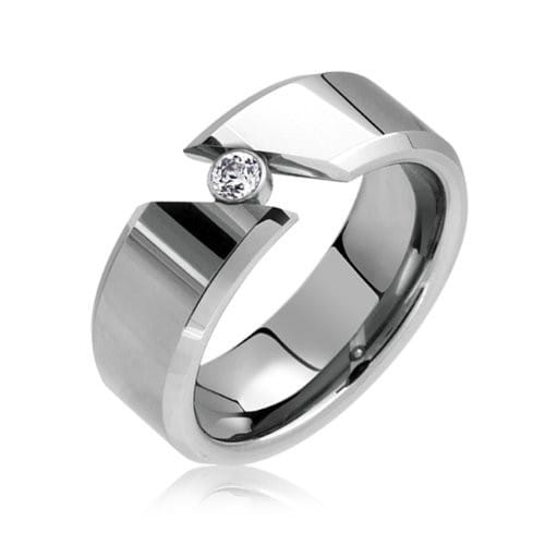 A sleek modern silver-toned black tungsten wedding ring with green aluminum 8mm band featuring a bold geometric design and a single round diamond at the center.