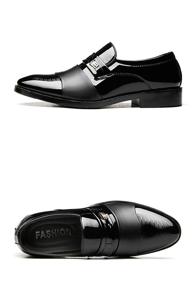 Men’s black patent leather lace-up dress shoes with glossy finish and gold-tone buckle for business and formal wear