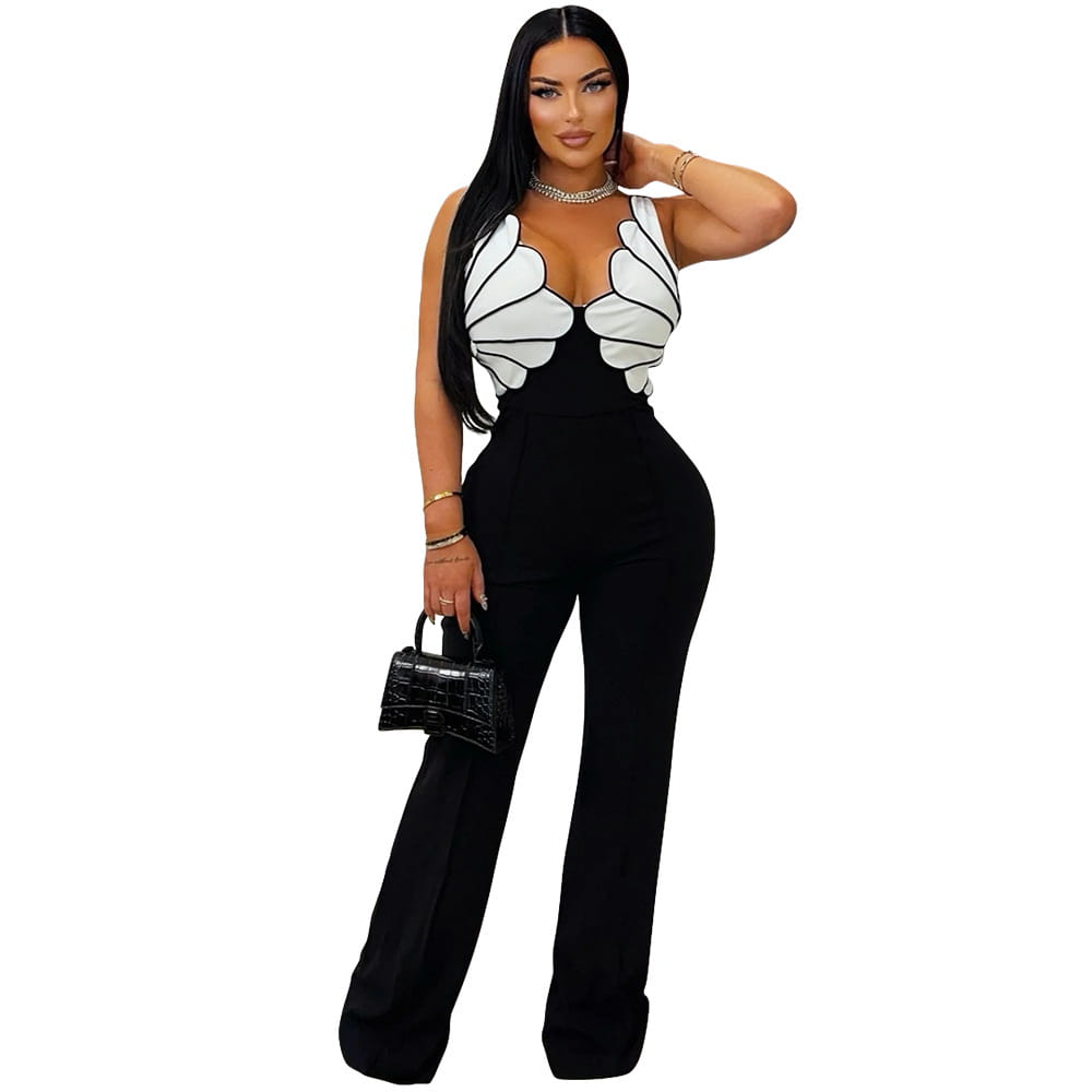 Black slim fit jumpsuit with white butterfly wing embellishments on the bodice designed for a stylish and elegant look.