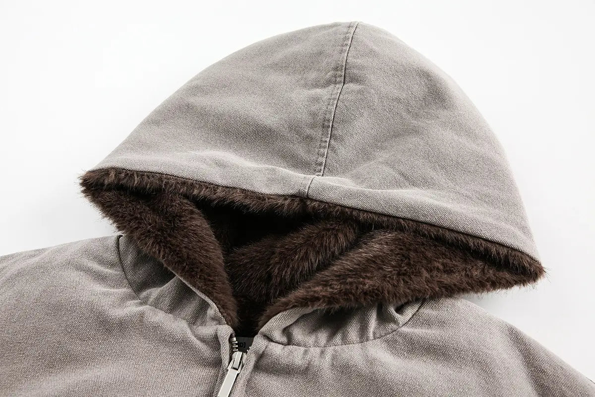 Abrigo de invierno con capucha en color gris, con forro de piel sintética marrón, confeccionado en material acolchado de algodón para hombre y mujer