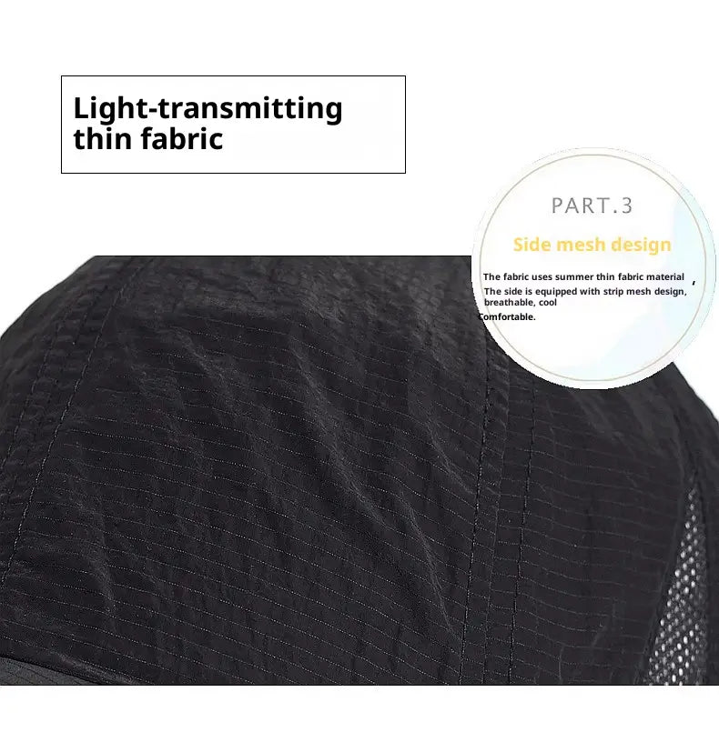 Black quick-drying running hat made of light-transmitting thin fabric with a side mesh design for sports and sun protection.