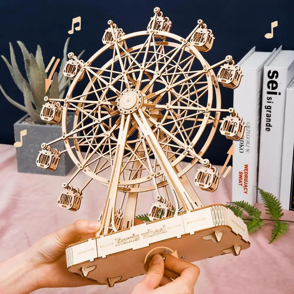 A intricately crafted wooden ferris wheel model with detailed gondolas and a central hub assembled from laser-cut pieces featured in the 3d wooden puzzle ferris wheel and owl clock model.