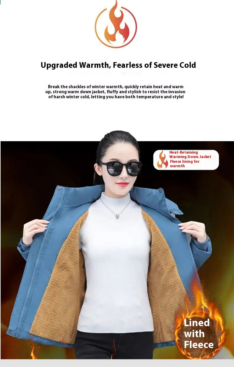 Chaqueta acolchada corta de plumón azul para mujer, abrigo acolchado abrigador para el invierno, con interior forrado de lana polar y diseño acolchado para mayor abrigo.