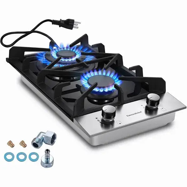 Table de cuisson à gaz en acier inoxydable à deux brûleurs avec grilles noires et brûleurs à flamme bleue pour une cuisson efficace.