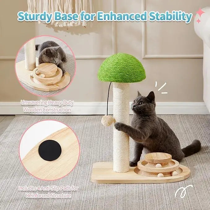 A green mushroom-shaped cat tree with a beige scratching post and wooden base featuring a ball track for cat play.