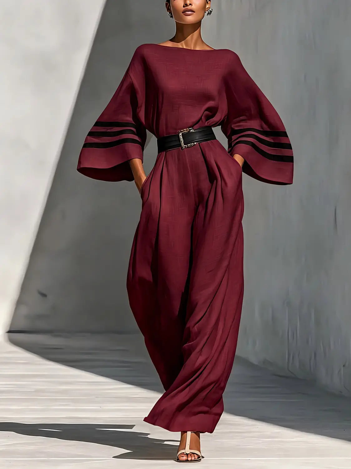 Fließender Jumpsuit aus Leinen in Weinrot mit Glockenärmeln, mit schwarzen horizontalen Streifen und passendem Gürtel