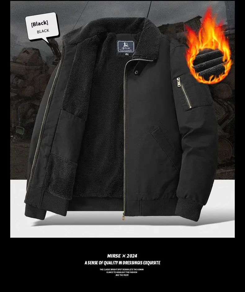 Men cotton shearling bomber jacket in black featuring a quilted design and front zipper closure