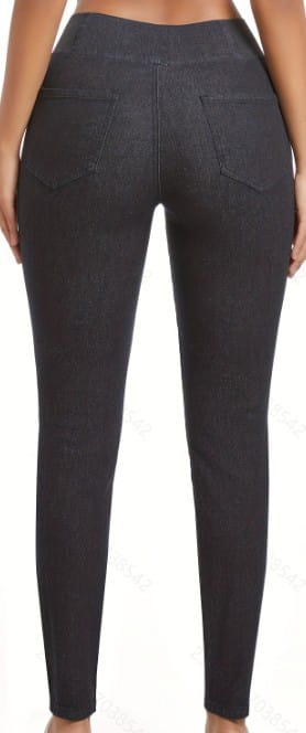 black fleece lined slim fit denim leggings showing the back side with high-waisted design and two pockets in a denim like texture