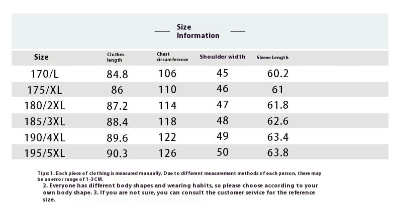 Size information table for men’s furs shearling double breasted winter coat showing measurements in centimeters from size 170 l to 195 5xl.