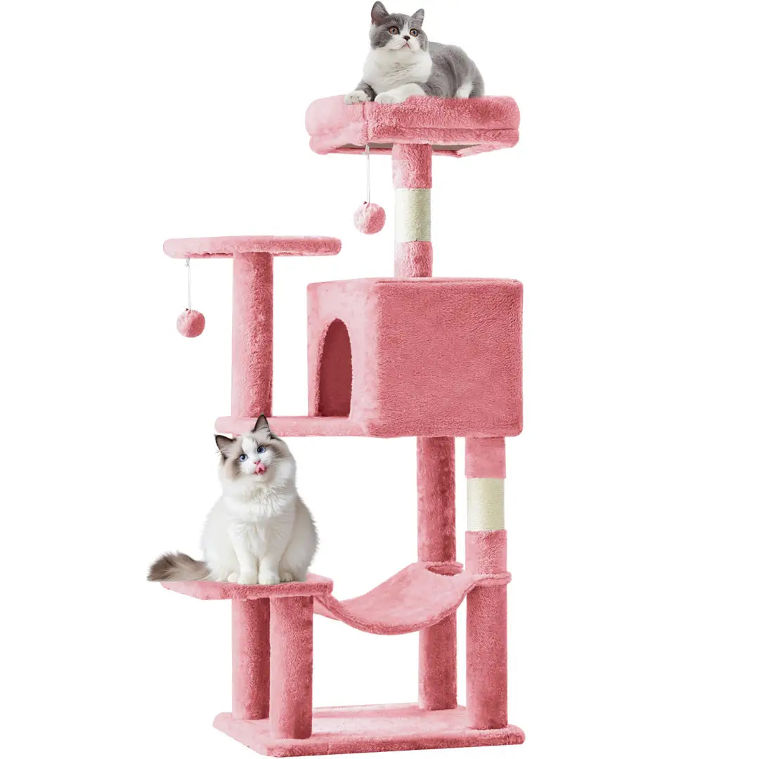 44 inch multi-level cat tree tower in pink with soft carpeted platforms, sisal scratching posts, and hanging toys for cat entertainment and exercise.