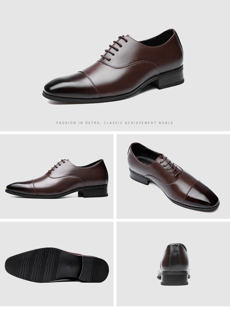 Chaussure habillée Oxford en cuir marron pour homme avec bout fleuri (cap toe) et lacets noirs, style habillé japonais.