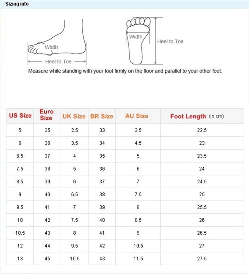 gold stiletto sandals ankle wrap strappy heels with a foot size conversion chart displaying international sizing and foot length in centimeters.