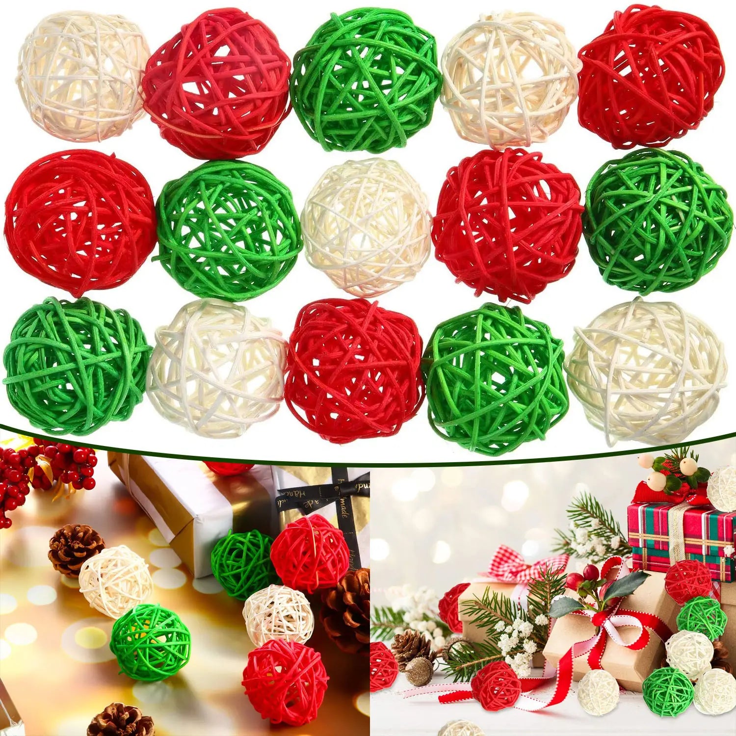 Boules en rotin d’osier tressé, tissées en rouge, vert et crème, utilisées comme boules de remplissage pour vase de Noël, dans un assortiment de 30 pièces.