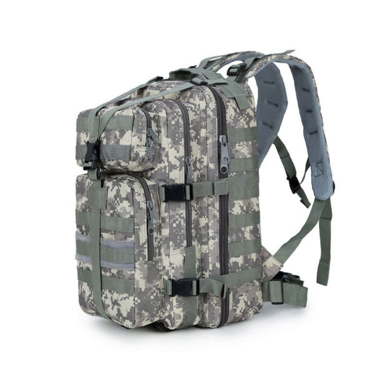 Tactical camouflage waterproof mountaineering backpack featuring camouflage pattern with olive green straps and black zippers designed for outdoor use.