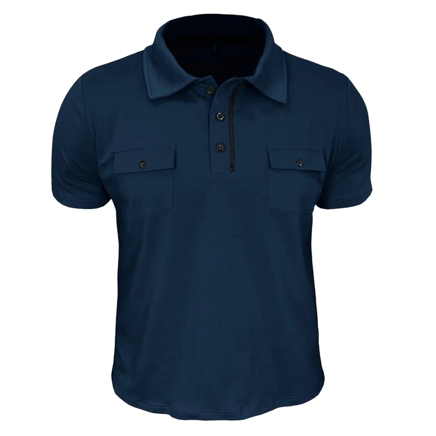 Navy blue men’s short sleeve polo shirt made of cotton blend featuring dual chest pockets and a zipper detail on the placket.