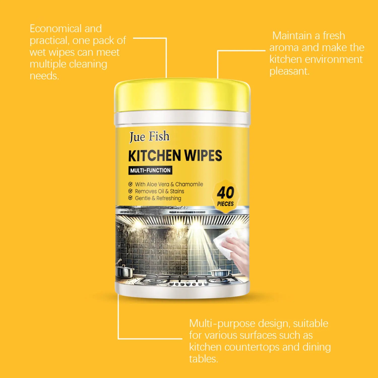 récipient cylindrique jaune pour lingettes de nettoyage pour cuisine Jue Fish, avec un couvercle blanc et jaune portant la mention « lingettes humides multi-usage », contenant de l’aloe vera et de la camomille pour le dégraissage et le nettoyage polyvalents, 40 unités