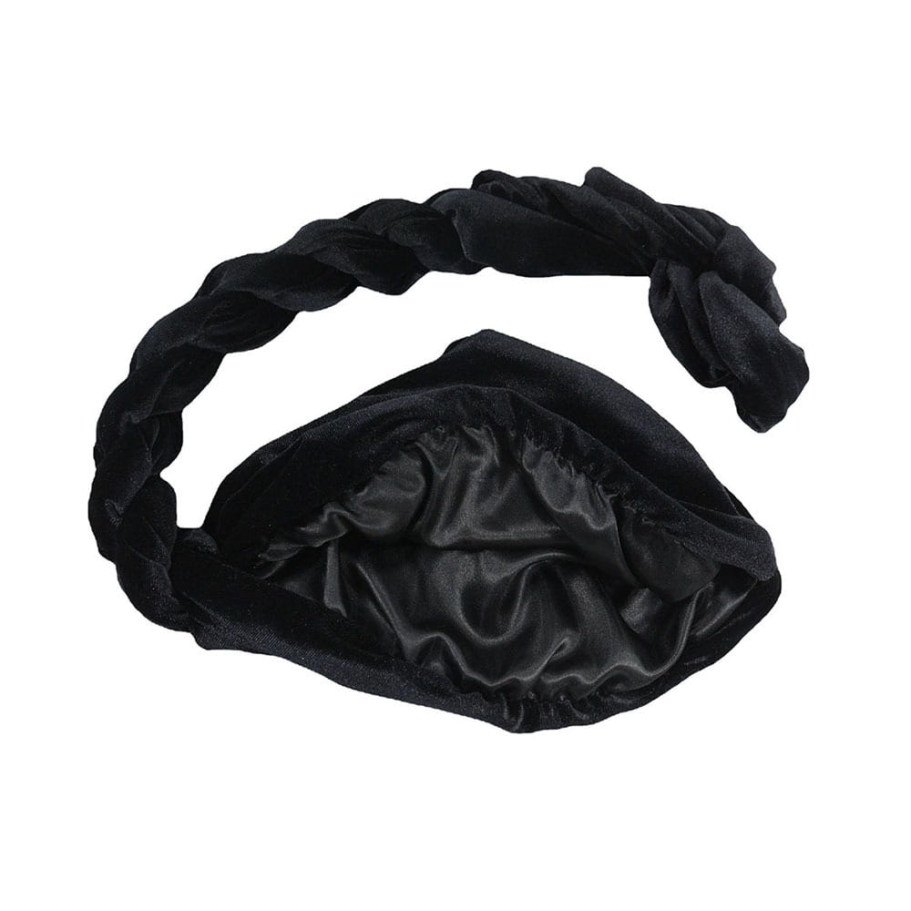 Black velvet braided headband with satin-lined interior designed as a men gold velvet turban hat accessory.