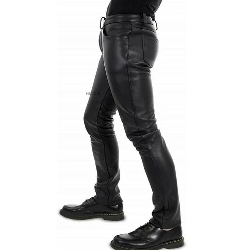 men black faux leather pants slim fit trousers with visible stitching details