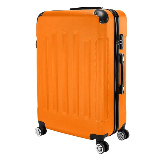 Bright orange 3-in-1 lightweight abs hard-shell trolley suitcase with black accents and silver spinner wheels.