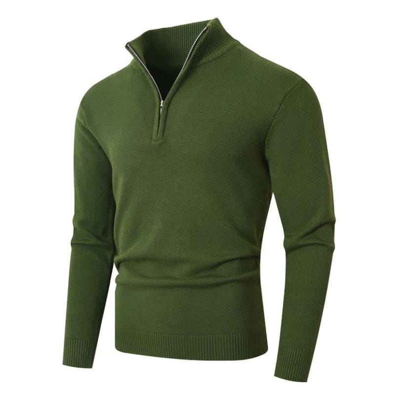 Pull en molleton olive pour homme, grande taille, demi-zip, avec poignets et ourlet côtelés en tissu tricoté.