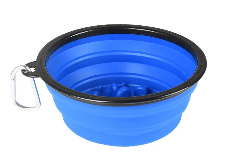 Bol pour animaux de compagnie pliable en silicone bleu, avec bord noir et clip mousqueton argenté, pour une portabilité aisée, dans un ensemble de 4.