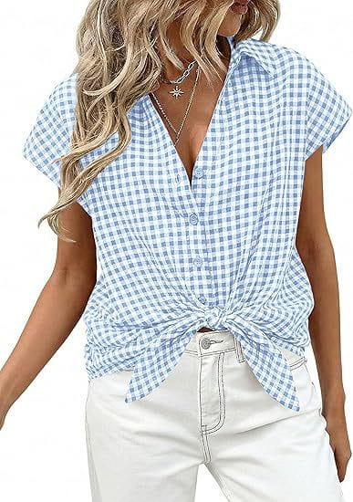 Light blue and white gingham plaid button up blouse with short sleeves and a knotted front waist.
