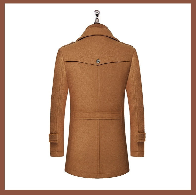 Men woolen coat zipper trench jacket featuring a tan woolen trench coat with a classic double-breasted design and buttoned cuffs.