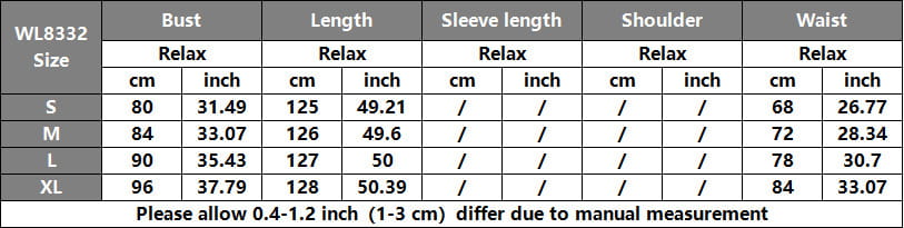 wl8332 size chart table showing measurements in inches for sizes s m l and xl of a polka dot off shoulder strapless maxi dress