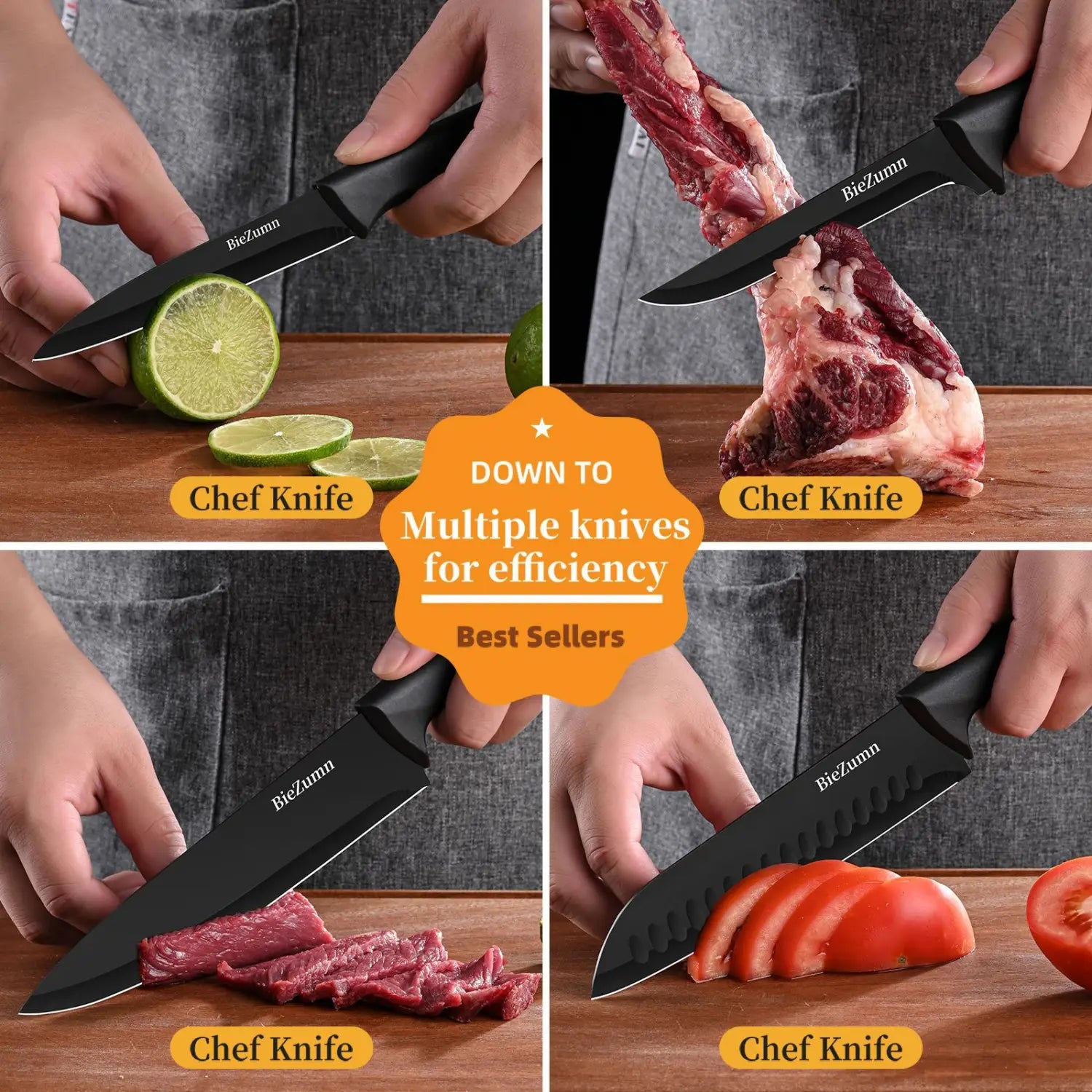 Black biezumn stainless steel knife set 15 piece chef block set featuring sleek modern handles and sharp blades designed for precision cutting.