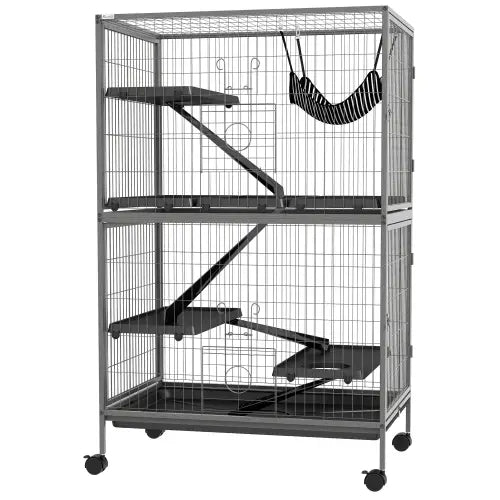 Jaula para hurones pequeños de metal plateado de 5 niveles con plataformas de plástico negro y una hamaca a rayas para alojamiento de mascotas.