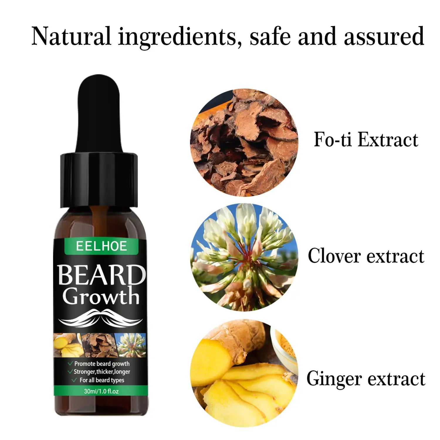 Frasco de vidrio color marrón oscuro con tapa cuentagotas negra y etiqueta que dice eelhoe, crecimiento de barba; presenta un gráfico de bigote blanco con acentos verdes e ingredientes naturales para promover el crecimiento de la barba en un suero para el crecimiento de la barba con kit de dermaroller de 40 ml.