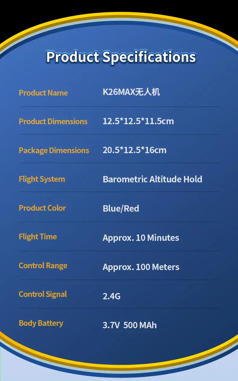 blue and red k26max football drone with barometric altitude hold system and spherical cage toy with dual battery shown from the back side