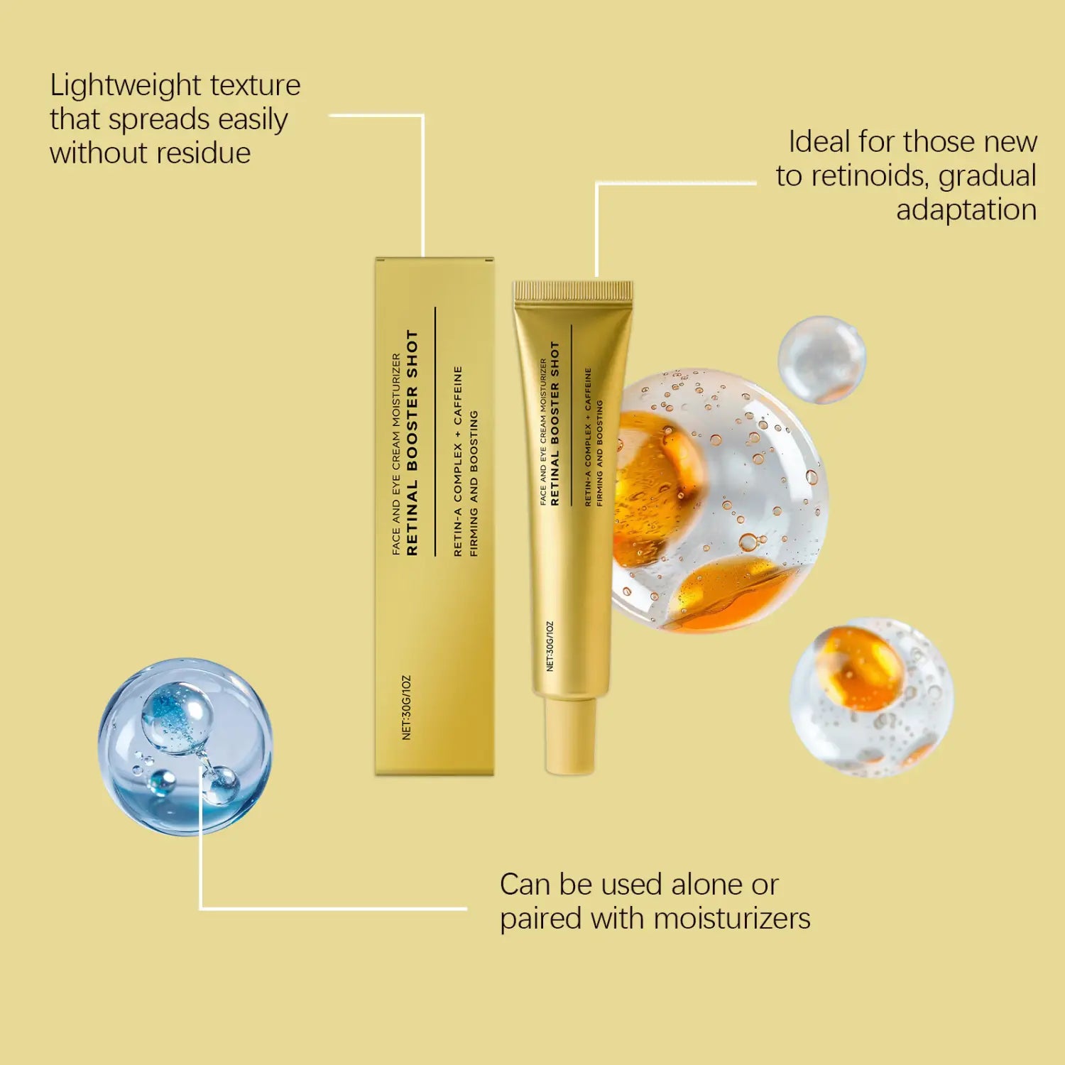 Tube de couleur or de crème raffermissante à la rétinol, booster doré, hydratant pour le visage et les yeux, présenté avec sa boîte assortie.