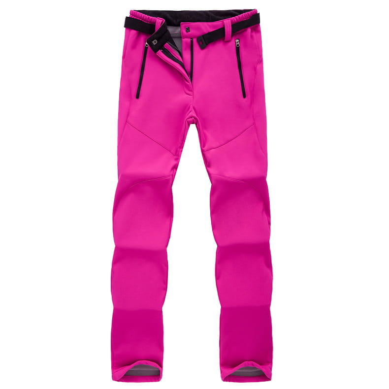 Bright pink waterproof fleece ski pants for men and women with black zipper accents and a matching belt.