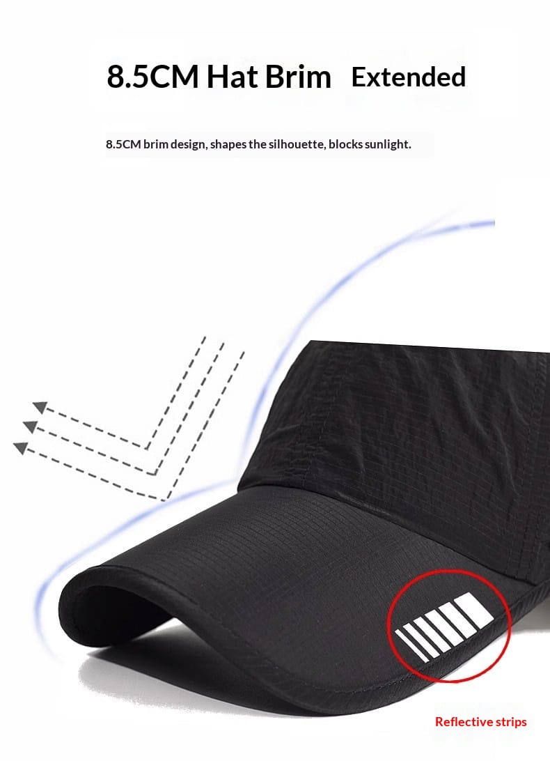 Black quick-drying running hat sports sun cap with an extended 8.5 cm brim and reflective white stripes on the underside of the visor.