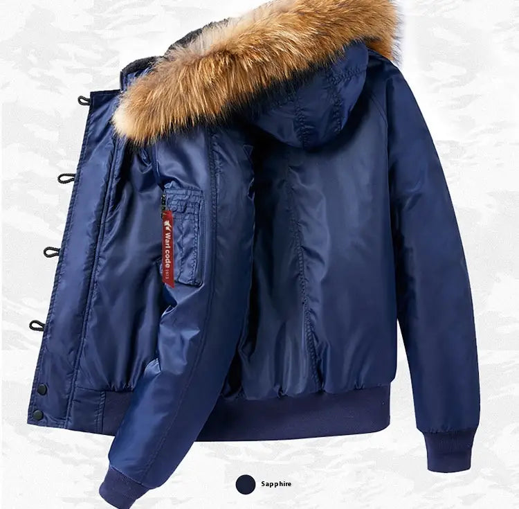 Deep navy blue bomber jacket with removable plush tan fur-lined hood and black snap buttons in plus size design.